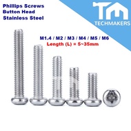 M1.4 M2 M3 M4 5~35mm Philips Round/Button/Pan Head Screw Cross Stainless Steel Metric 304 TechMakers