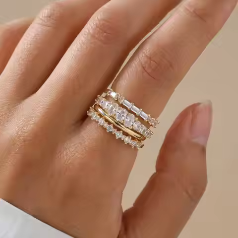 4 PCS Ring Set Gold Plated Cubic Zirconia Stackable Eternity Rings for Multiple Fingers Jewelry Non-