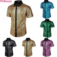 【MRBUNNY】Stylish Men's 70s Disco Costume Blouse Short Sleeve Button Down Gold Shirt【menswear】