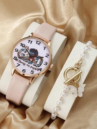 1入組兒童時尚簡約可愛卡通粉色皮帶石英手錶+ 1入組蝴蝶手鏈