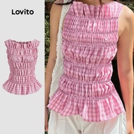 (Lovito x Miki) Vacation Cute Top Gingham Smocked Summer/Spring Tank Top for Women L125AD139 (Lovito