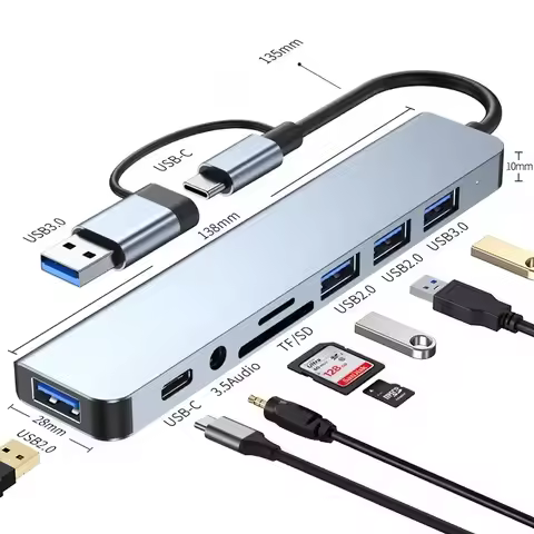USB C Hub USB Splitter 8 in 2 USB Extender with 4 USB Port 1 USBC Port TF/SD Card Reader Audio Outpu