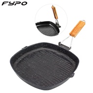 Fypo Steak Beef Frying Pan 20/24/28cm Square Maifan Stone Skillet Non-stick Griddle Pan with Foldable Handle BBQ Grill Pan Kitchen Cooking Wok Gas Induction Cooker