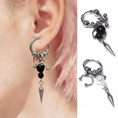 Punk Fashion Black Pearl Horseshoe Hoop Rivet Earrings Cool Accessories for Women Grunge Charms Aest