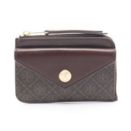 【二手】Tory Burch T字圖案零錢包拉鍊卡包帶鑰匙扣 165036200ブラウンPVC塗層帆布皮革卡包
