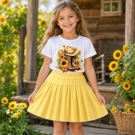 Girls Pleated Skirt Set 2 Piece Cowgirl Boot Sunflower Graphic T Shirt and Flared Skirt Outfit for S