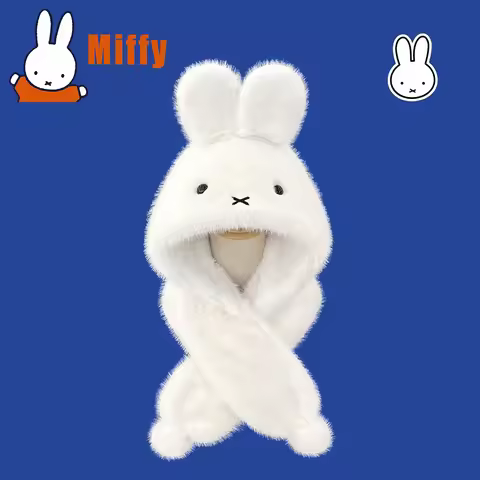 Kawaii Miffy Scarf Hat Cute Rabbit Hooded Earflap Cap Fluffy Plush Thickened Warm Windproof Winter O