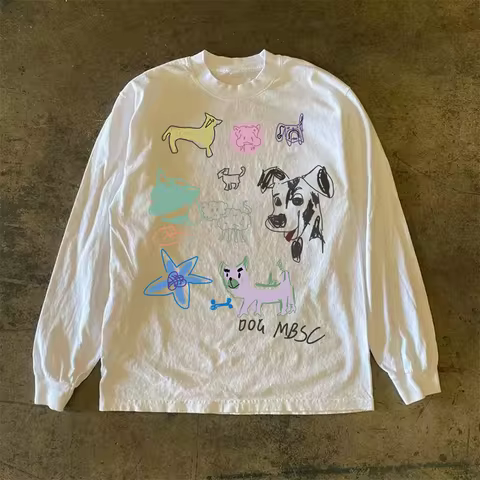 Pure Cotton Long Sleeve T-Shirt Men's Non-Lightweight American Oversize Crayon Zoo Story 300g Breath