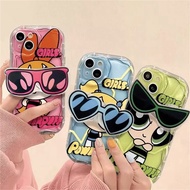 Powerpuff Girls Sunglasses Bracket Cartoon Cute TPU Silicone Fashion Phone Case For OPPO F9 F11 F19 F23 Pro A93 A94 A98 Reno 4 5 Pro 5G Casing Wavy Texture Cover