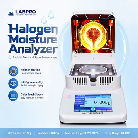 Professional Halogen Moisture Analyzer 120g 0.002g 0.01% Moisture Balance 40-180°C Touchscreen for L