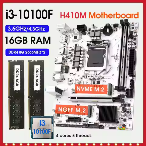H410M-DH Motherboard LGA 1200 Kit with I3 10100F 10 gen CPU And DDR4 2666MHz RMA 16GB( 2*8GB) Mother
