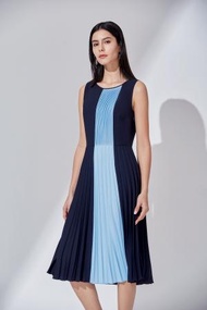 G2000 - 女士 撞色百褶連身裙 (深藍色)