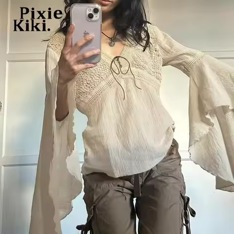 PixieKiki Fairy Gurnge Y2k Western Shirts Woman Flared Long Sleeve V Neck Tops Vintage Boho Earthy H