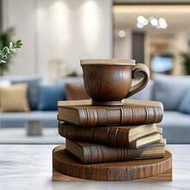 1pc Vintage Wooden Book And Coffee Cup Decor - 2D Printed Art Decoration, Suitable For Home And Stud