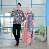 baju batik couple sarimbit gamis motif bunga kombinasi polos terbaru - dusty