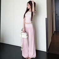 220g40s Pure Cotton Odal+Mamba Cotton Sweet Spicy Slim-fit Short-Sleeved Loose Wide-Leg Pants Two-Pi