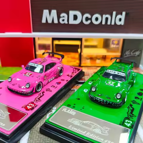 Flame 1:64 Porsche RWB 964 993 Luminous Pink And Green Dinosaur Paint Alloy Simulation Car Model Gif