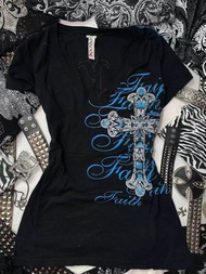Rock Gothic Streetwear Letter Cross Graphic T shirts Gyaru 2000s Clothes Harajuku Top Women V-neck T