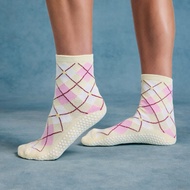 MoveActive Pilates Non Slip Grip Socks - Crew Grip Socks - Argyle Butter Cream Pink Preppy