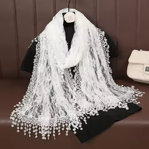 Solid Embroidered Lace Printed Scarf Muslim Hijiabs Fringed 5cm New Style Prayer Shawl 2024 188*55cm