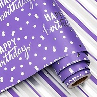 LeZakaa Reversible Purple Birthday Wrapping Paper Roll for Girls Women, Happy Birthday Lettering & S