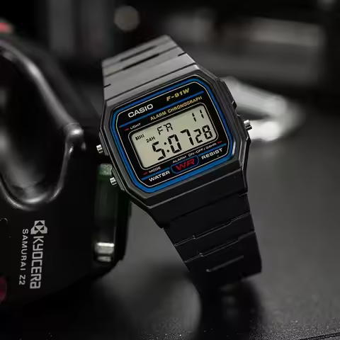Casio F-91W-1 Retro Digital Wristwatch, Black Resin Band, Alarm Chronograph, LED Light, Water Resist