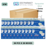 MEDICOS Slim Fit Size S/M 165 HydroCharge 4ply Surgical Face Mask Mint + Swiss White (50's x 20 Boxes) - 1 Carton