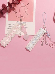 粉色緞帶可愛貓爪珠鍊鑰匙扣吊飾，創意手機掛鍊耳機收納包裝飾，心形珠鍊手機吊飾短鏈，情人節復古吊墜
