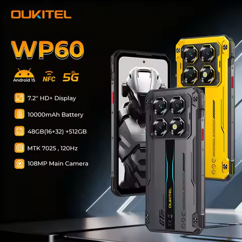 OUKITEL WP60 5G NFC Smartphone 10000mAh 48GB(16+32) +512GB, MTK 7025 Android 15 Rugged Phone, 108MP