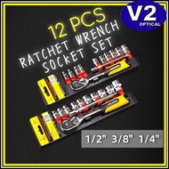 (12pcs Set) Ratchet Wrench Socket Set 1/2" 3/8" 1/4" Hardware Vanadium Repairing Kit Tools DIY Hand 