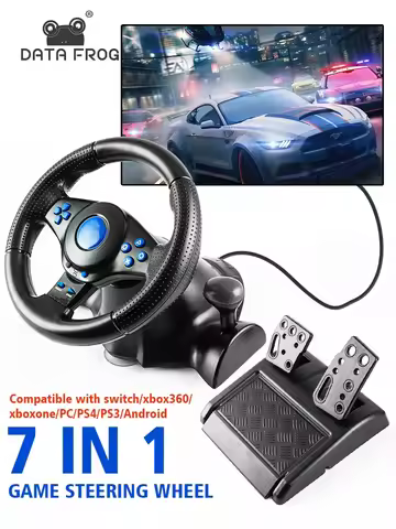 DATA FROG Racing Steering Wheel with Vibration Feedback, Gaming Sim Racing Wheel with Car Pedals for
