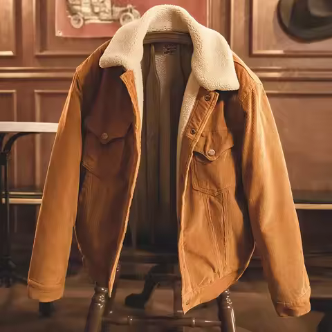 Maden Faux Lamb Wool Corduroy Jacket for Men Ginger Color Thickened Lapel Single-breasted Coat Fall 