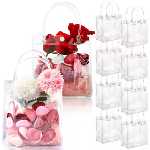 60pcs Clear PVC Gift Bags with Handles - Mini Party Favor Bags Transparent Party Favour Plastic Gift