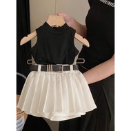 Black and white children's suit set 3 in 1 with premium belt, skirt, padel sporty tennis pants 6mo-7