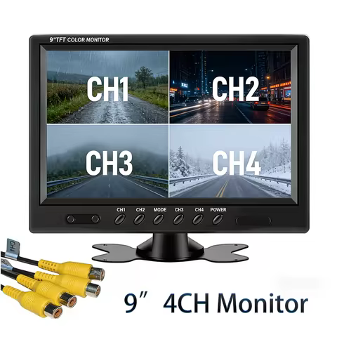 9 Inch 4 Channel Quad Split Screen Car Rear View Monitor HD TFT LCD Backup Reverse Display for Truck
