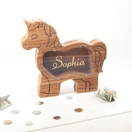 Unicorn piggy bank Customized gift girl coin bank wooden animal Christmas custom