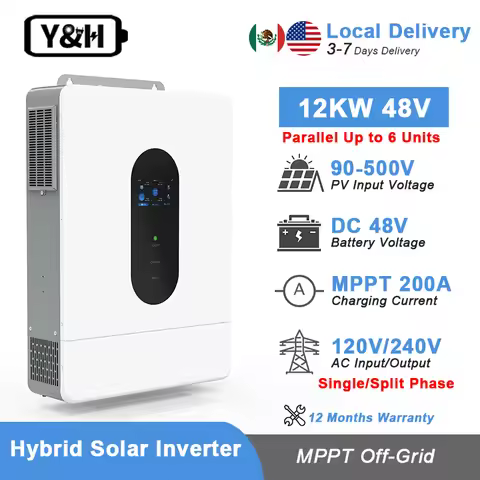 Y&H 12KW Split-Phase Hybrid Solar Inverter 48VDC 120V/240VAC Pure Sine Wave 200A MPPT Solar Charger 