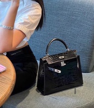 Hermes Kelly 25 黑銀 亮面鱷 shiny croc