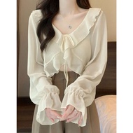 Sweet Style Off-White Ruffled Lace-Up Short Top Women Spring Romantic V-Neck Long Sleeve Inner Match
