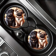 2pcs Pug Brothers Car Coasters - Cute Pug Design Easy-to-Clean Rubber Cup Holder Mats, Non-Slip Car 