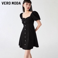 Vero Moda เสื้อผ้าเด็กผู้หญิงฤดูร้อน กระโปรงทรงเอเอวสูง แขนพอง คอเหลี่ยม กระโปรงยีนส์ ชุดเดรสยาวปานก