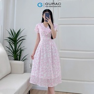 Đầm nữ dáng A nữ cổ V bèo tay loe màu hồng xanh họa tiết hoa lá nhẹ nhàng nữ tính thời trang GUMAC L