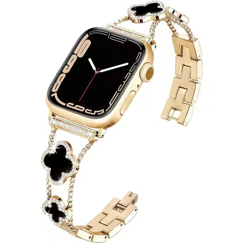 Shiny metal watch strap for Apple Watch Women's 38-49mm Series 9-1 SE Ultra, cute lucky four-leaf cl
