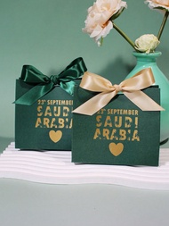 10pcs Green Gift Box With Heart & 23rd September Saudi Arabia Print - Ribbon Bow Candy Box For Natio