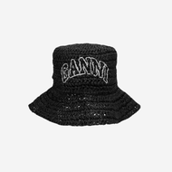 Ganni 撞色Logo翻折草編漁夫帽