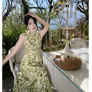 Bohemian Thái Vintage Họa Tiết Hoa Dài Đầm Nữ Đi Biển Kỳ Nghỉ Bên Vòng Eo Nút Thắt Xoắn Đi Biển Thoả