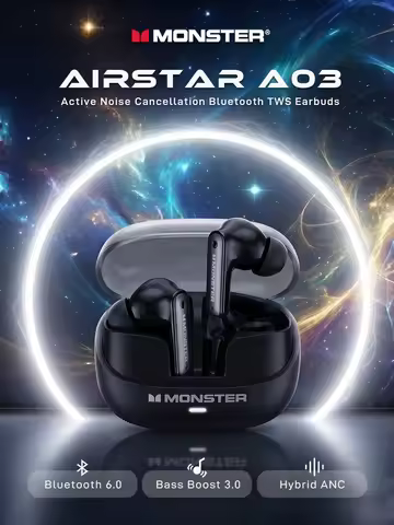 Monster A03 Hybrid ANC Earbuds Bluetooth 6.0 Powerful Deep Bass Sport Headphones Active Noise Cancel
