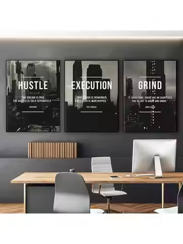 3pc Modern Abstract Hustle Grind Execute Wall Art, Motivational Home Office Canvas Painting Art, For