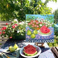 靜物與不耐煩的花朵和西瓜油畫水果和花朵抽象藝術治愈藝術