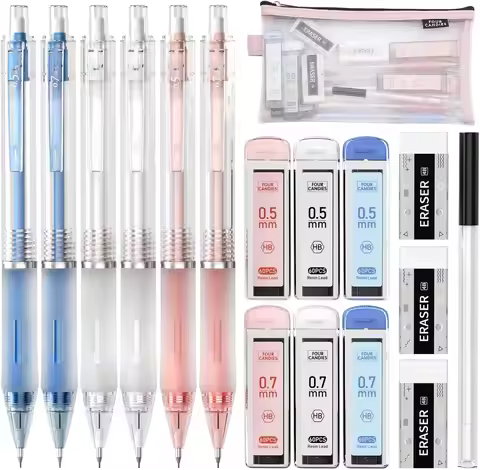 Mechanical Pencil Set with Case, 6PCS Aesthetic Pencils 0.5 & 0.7mm, Includes 360PCS HB Lead Refills